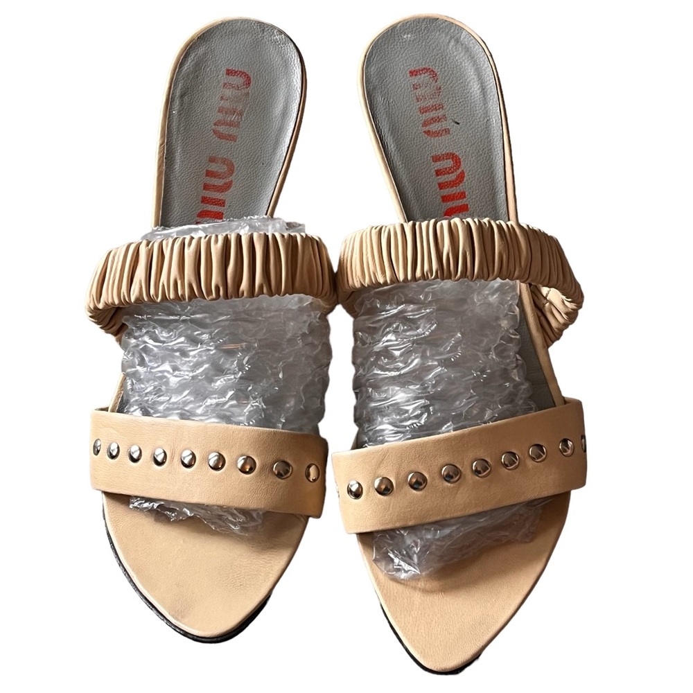 Miu Miu Stud Nappa Strap Mule Heel Sandals Shoes … - image 3